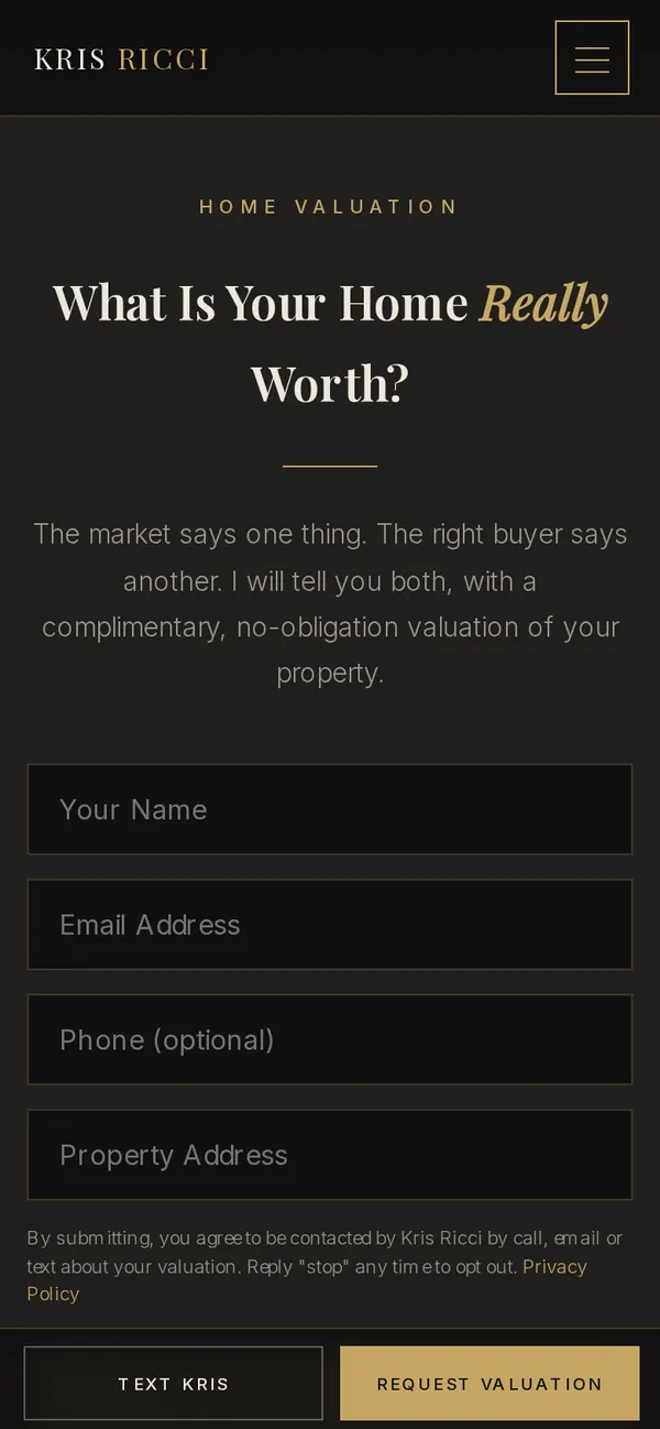 The same sample site on a phone: the home-value request form, with text and valuation buttons pinned to the bottom of the screen